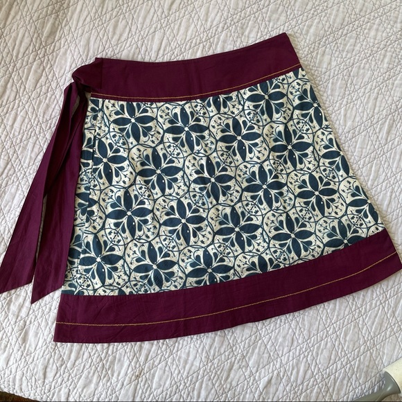 Anthropologie Edme & Esyllte blue batik block print cotton wrap skirt size 10 - Picture 2 of 4